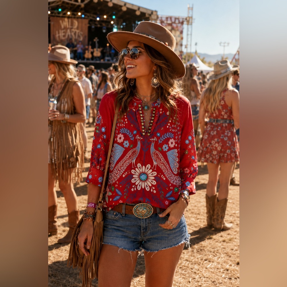 Sheridan French Red Peacock Floral Blouse XS Gold Accents Boho Tunic Top XS